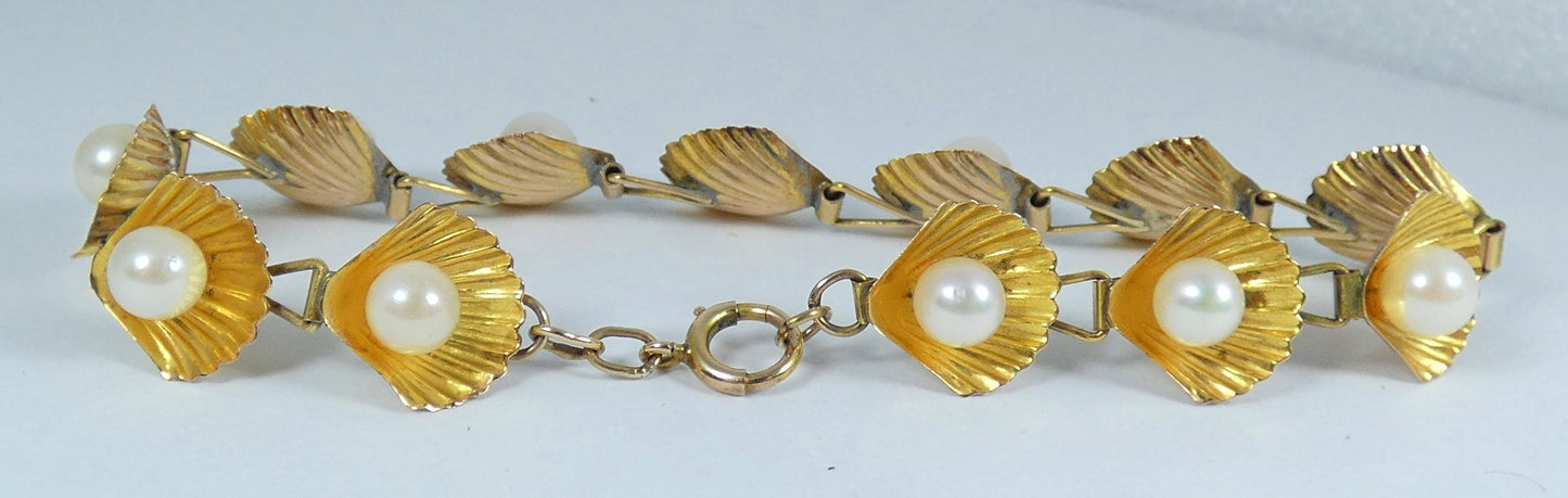 Vintage Solid 10ct Yellow Gold Pearl 12mm Oyster Shell Panel 19cm 7.5" Bracelet