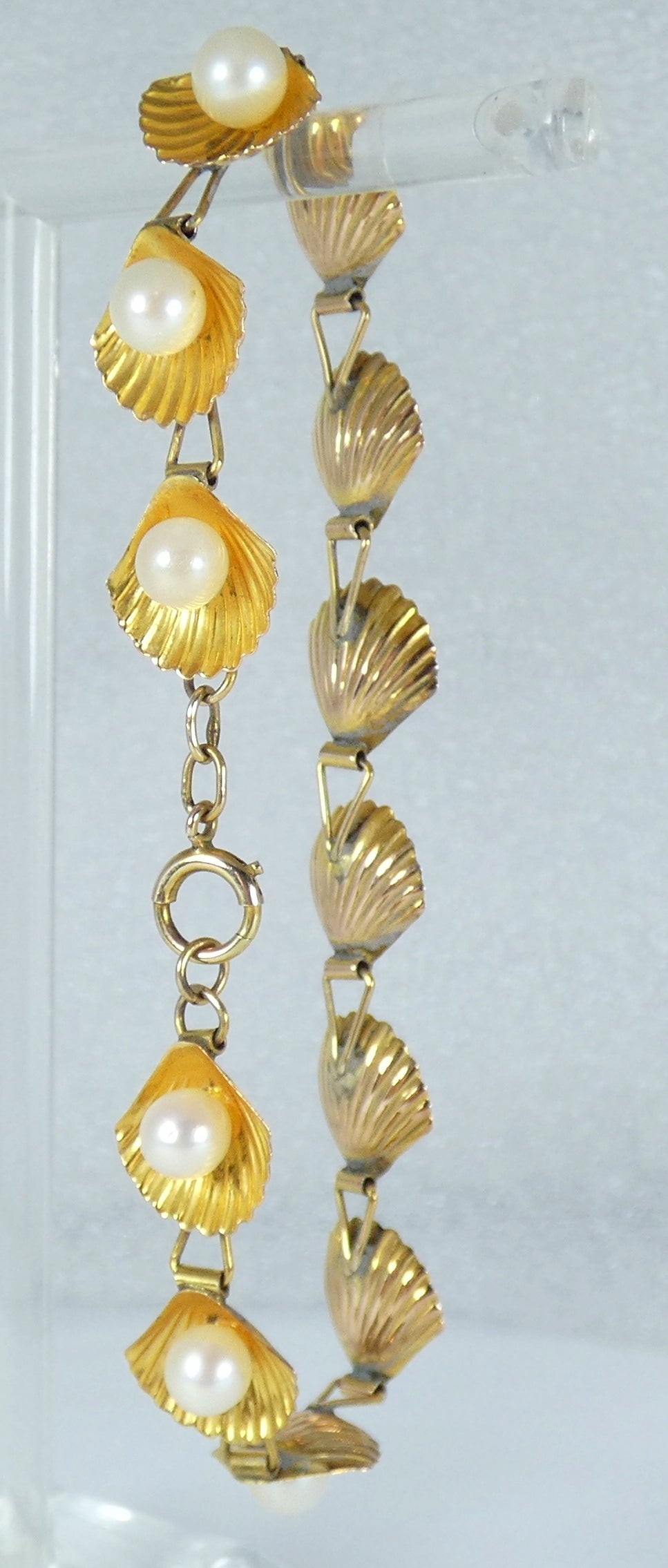 Vintage Solid 10ct Yellow Gold Pearl 12mm Oyster Shell Panel 19cm 7.5" Bracelet