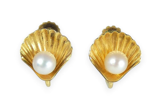 Vintage Solid 10ct Yellow Gold Set Pair Pearl Oyster Shell French Screw Earrings
