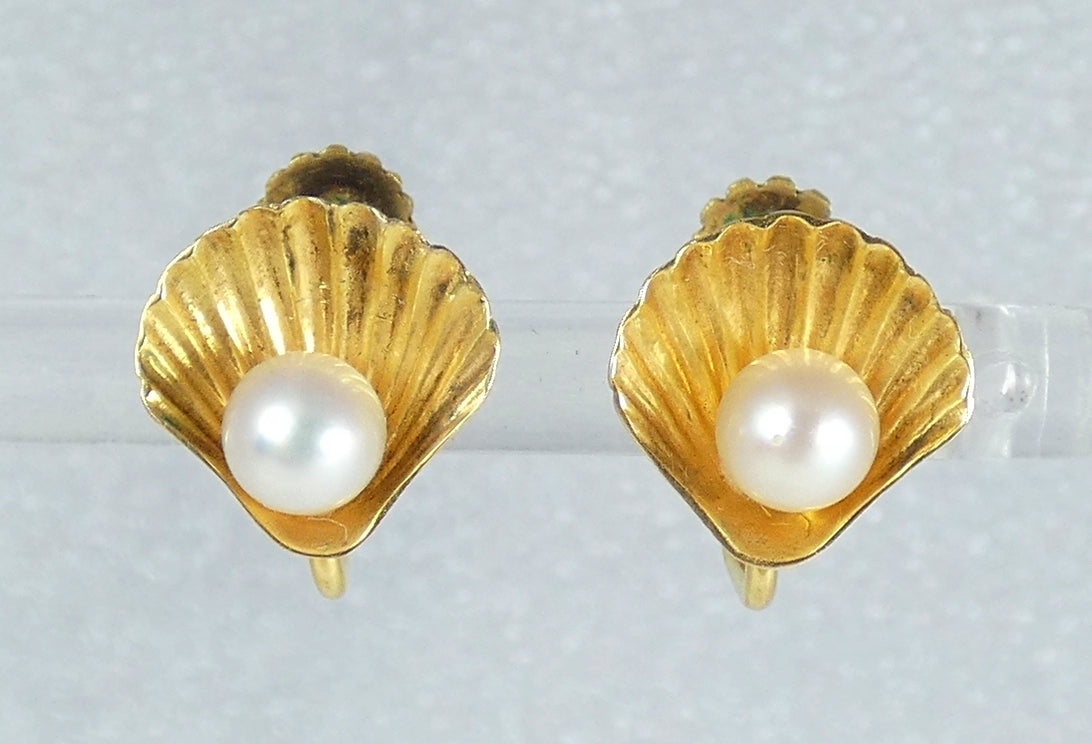 Vintage Solid 10ct Yellow Gold Set Pair Pearl Oyster Shell French Screw Earrings