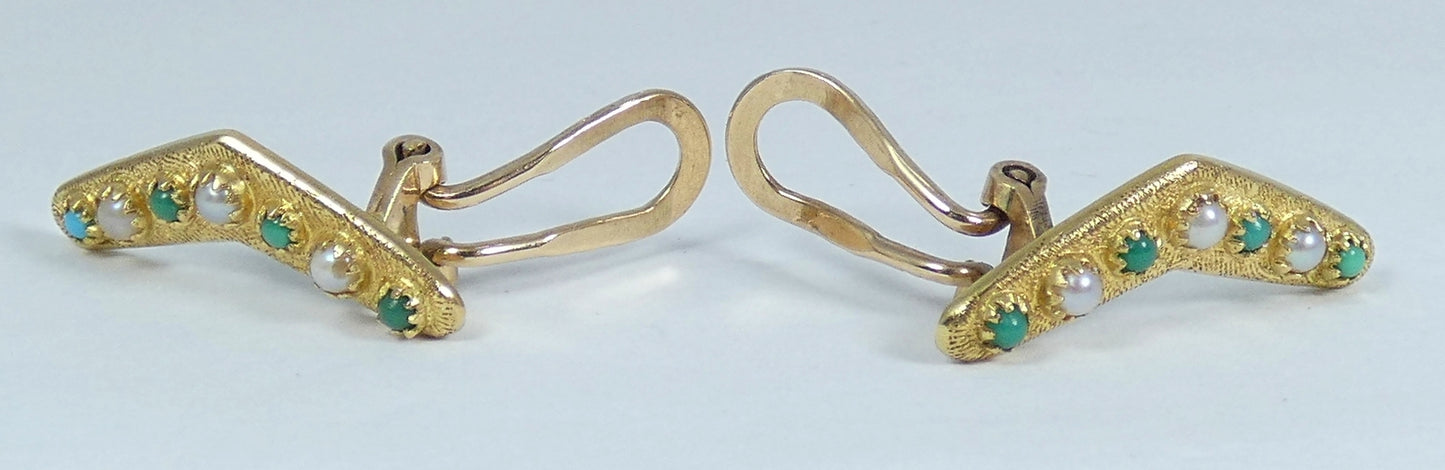 Antique Art Deco Solid 15ct Gold Turquoise & Seed Pearl Boomerang Clip Earrings