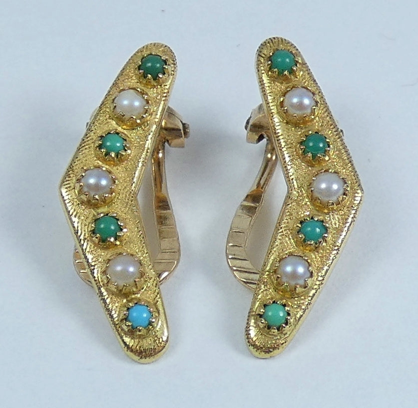 Antique Art Deco Solid 15ct Gold Turquoise & Seed Pearl Boomerang Clip Earrings