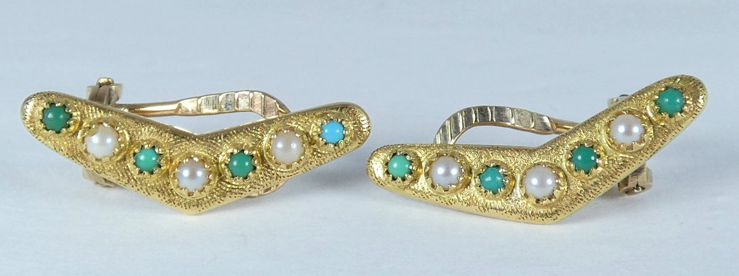 Antique Art Deco Solid 15ct Gold Turquoise & Seed Pearl Boomerang Clip Earrings
