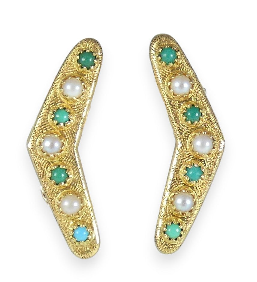 Antique Art Deco Solid 15ct Gold Turquoise & Seed Pearl Boomerang Clip Earrings