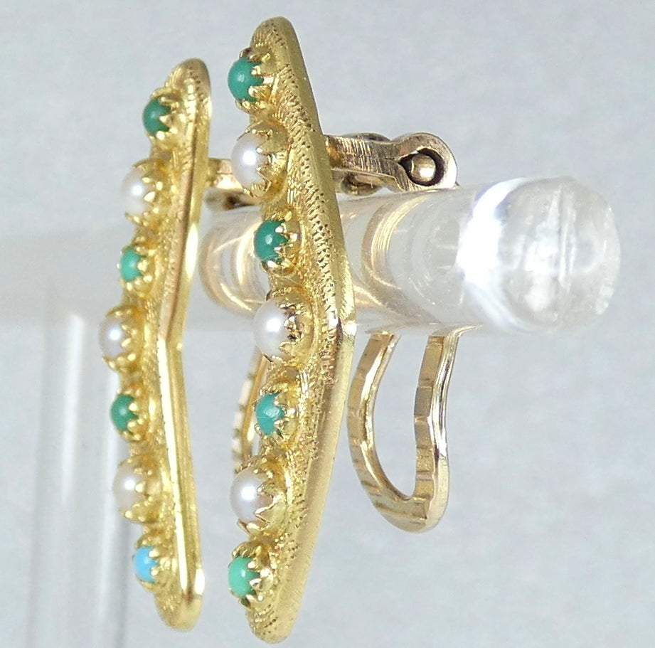 Antique Art Deco Solid 15ct Gold Turquoise & Seed Pearl Boomerang Clip Earrings