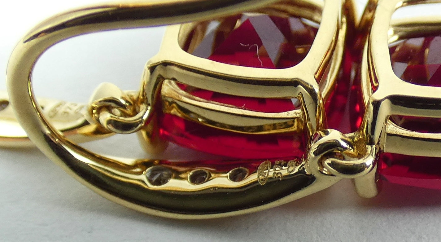 Solid 9ct Yellow Gold Set of Cushion Cut Ruby & Diamond Shepherd Hook Earrings