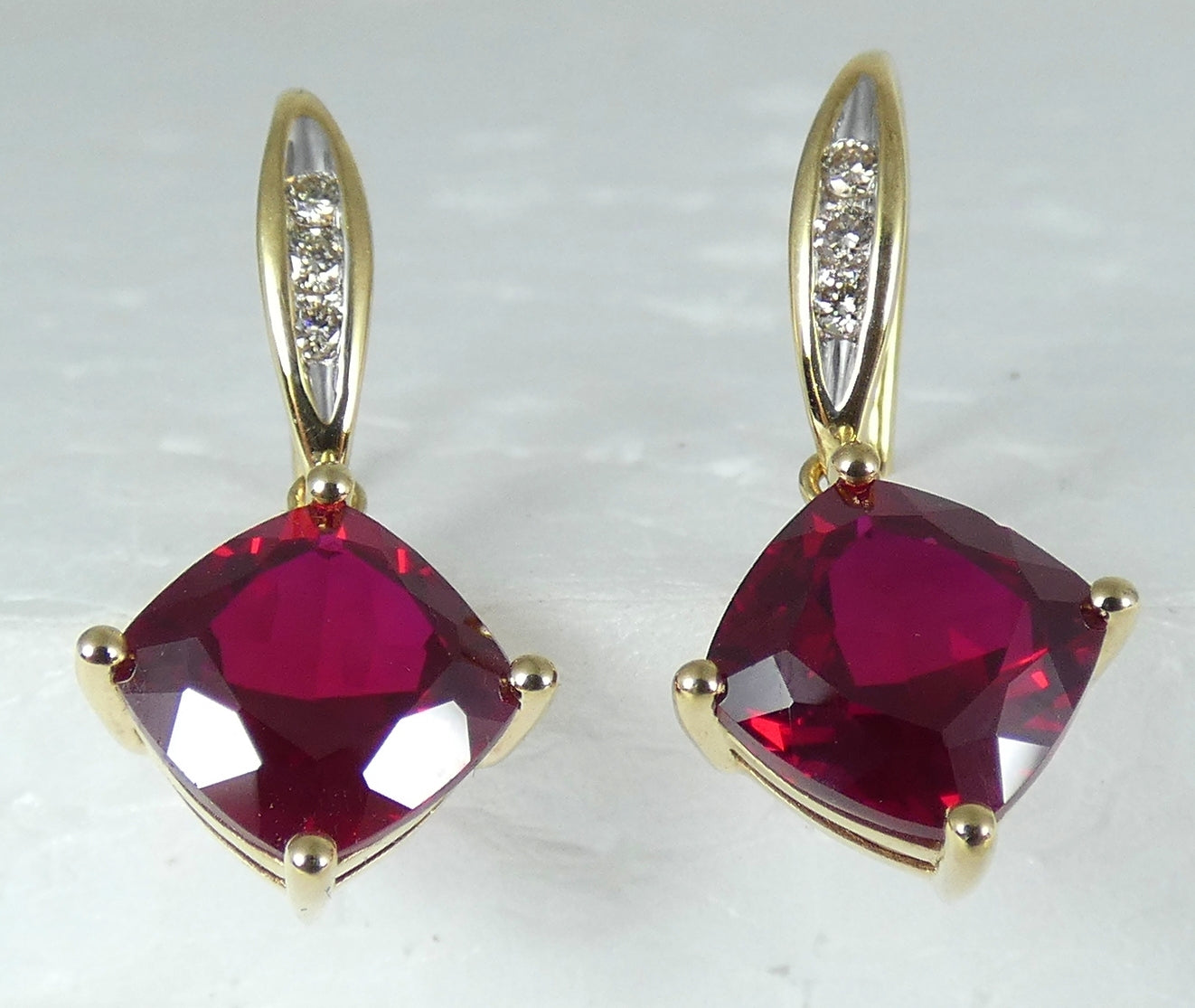Solid 9ct Yellow Gold Set of Cushion Cut Ruby & Diamond Shepherd Hook Earrings
