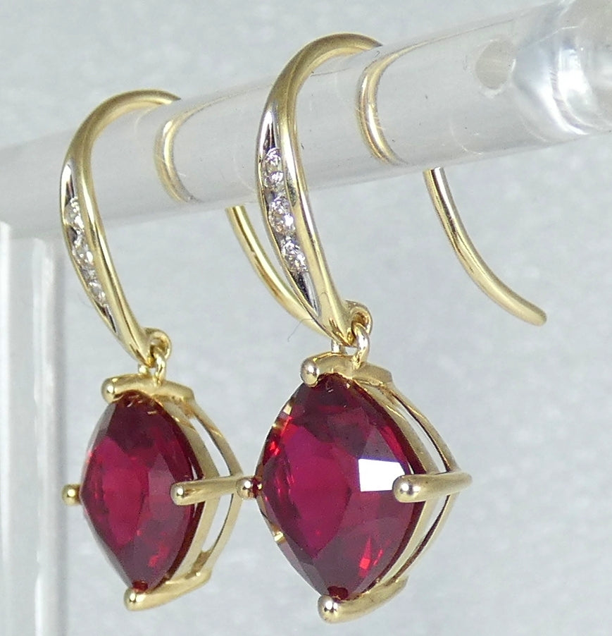Solid 9ct Yellow Gold Set of Cushion Cut Ruby & Diamond Shepherd Hook Earrings