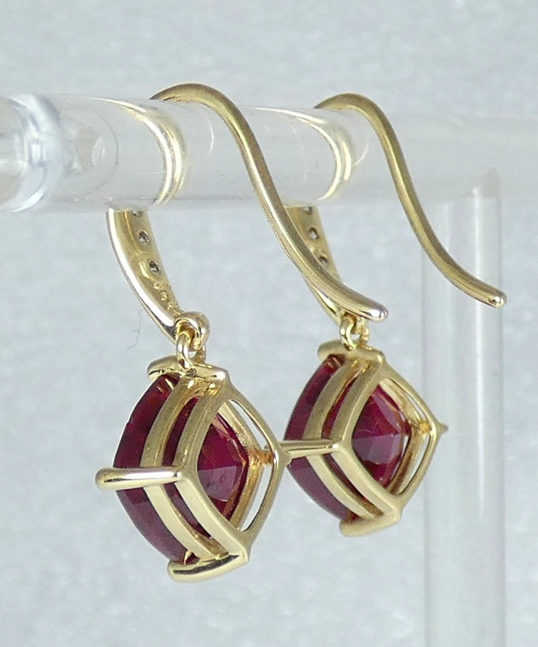 Solid 9ct Yellow Gold Set of Cushion Cut Ruby & Diamond Shepherd Hook Earrings