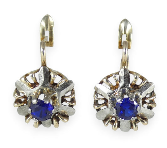 Vintage Solid 9ct Yellow & White Gold Set Sapphire Snowflake Lever Back Earrings