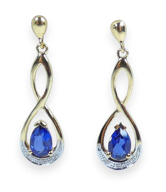 Solid 10ct Yellow Gold Set of Pear Cut Blue Sapphire Diamond 27mm Stud Earrings