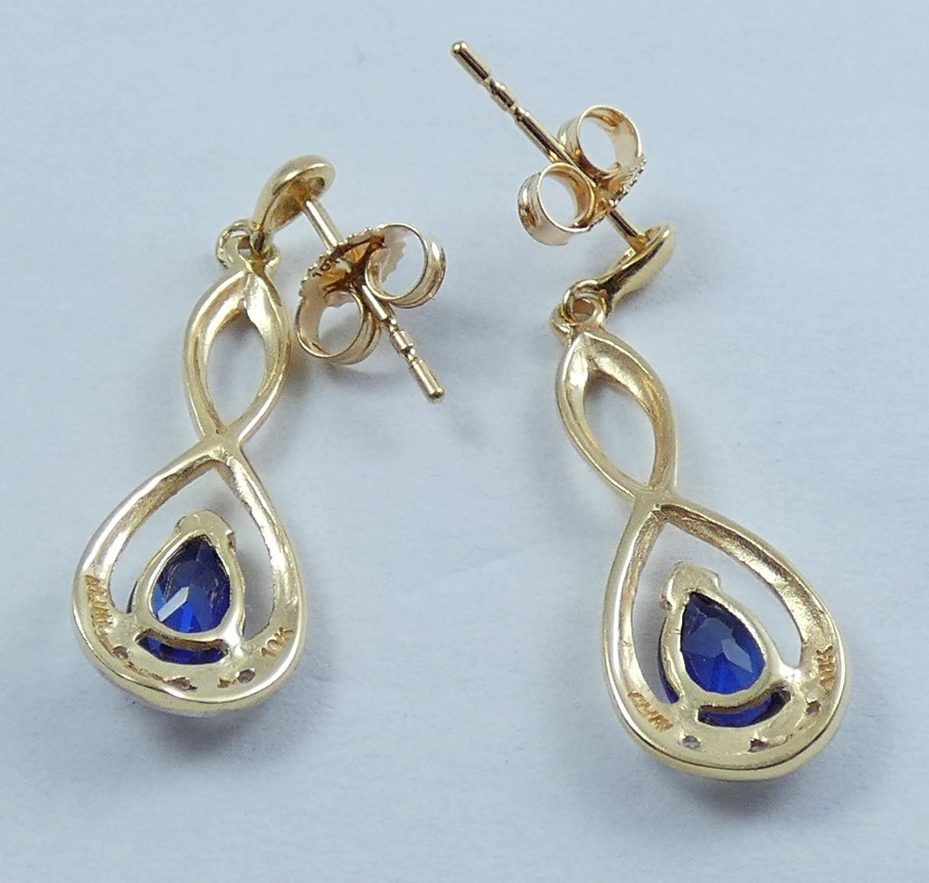 Solid 10ct Yellow Gold Set of Pear Cut Blue Sapphire Diamond 27mm Stud Earrings