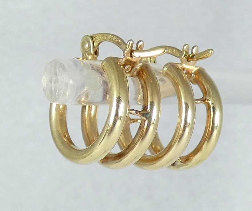 Italian Solid 9ct Yellow Gold Pair of 14mm Double Hoop Earrings Set Round Tube
