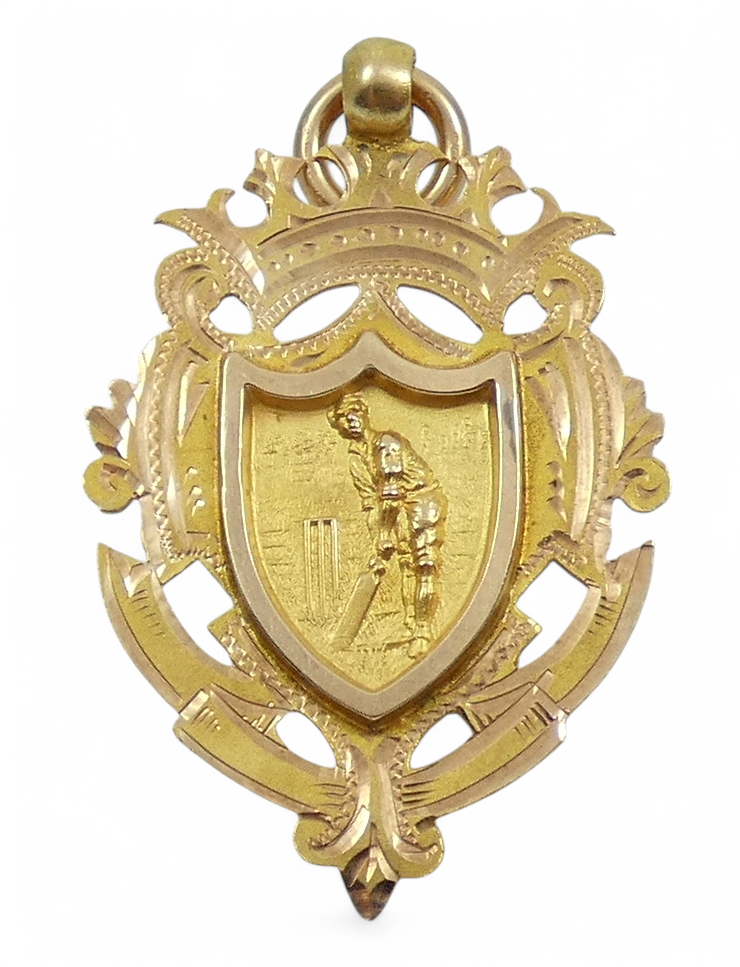 Antique 1911 Solid 9ct Yellow Gold Cricket Sports Medal Fob Pendant CSSPS Senior