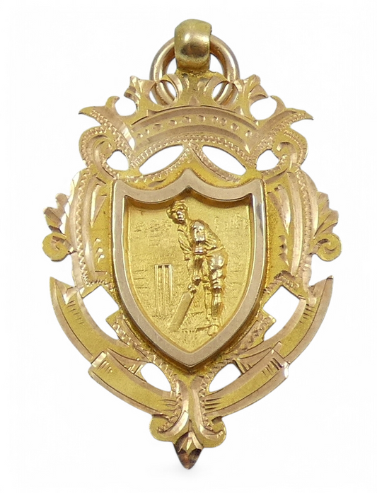 Antique 1911 Solid 9ct Yellow Gold Cricket Sports Medal Fob Pendant CSSPS Senior