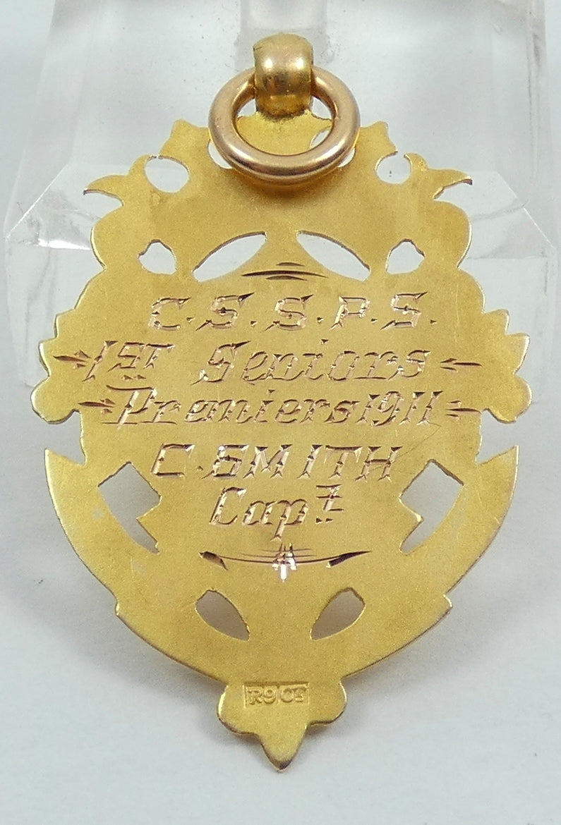 Antique 1911 Solid 9ct Yellow Gold Cricket Sports Medal Fob Pendant CSSPS Senior