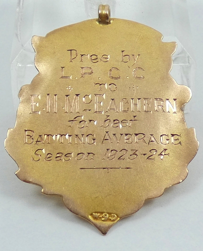 Antique 1924 Solid 9ct Yellow Gold Cricket Sports Medal Fob Pendant LPCC Batting