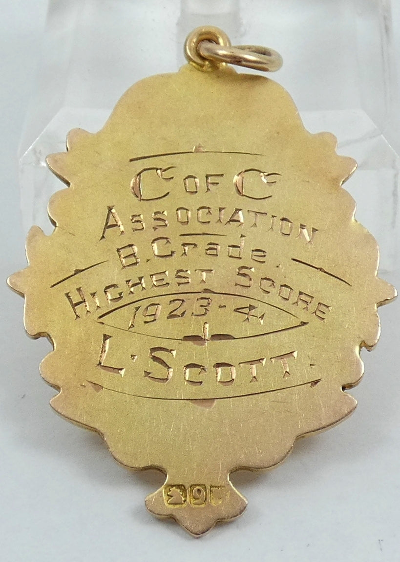 Antique 1924 Solid 9ct Yellow Gold Sports Medal Fob Pendant Willis & Sons 6gm