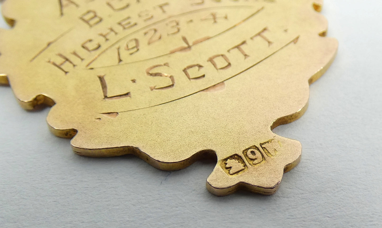 Antique 1924 Solid 9ct Yellow Gold Sports Medal Fob Pendant Willis & Sons 6gm