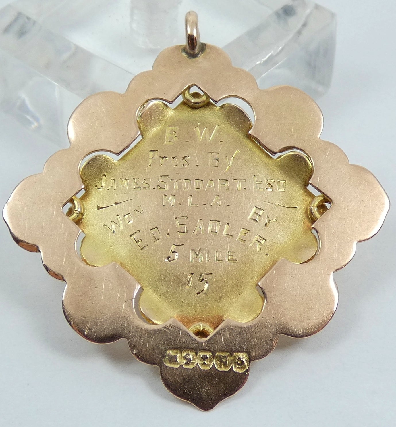 Antique 1915 Solid 9ct Yellow Gold 5 Mile Cycling Sports Medal Fob Pendant 4.6gm