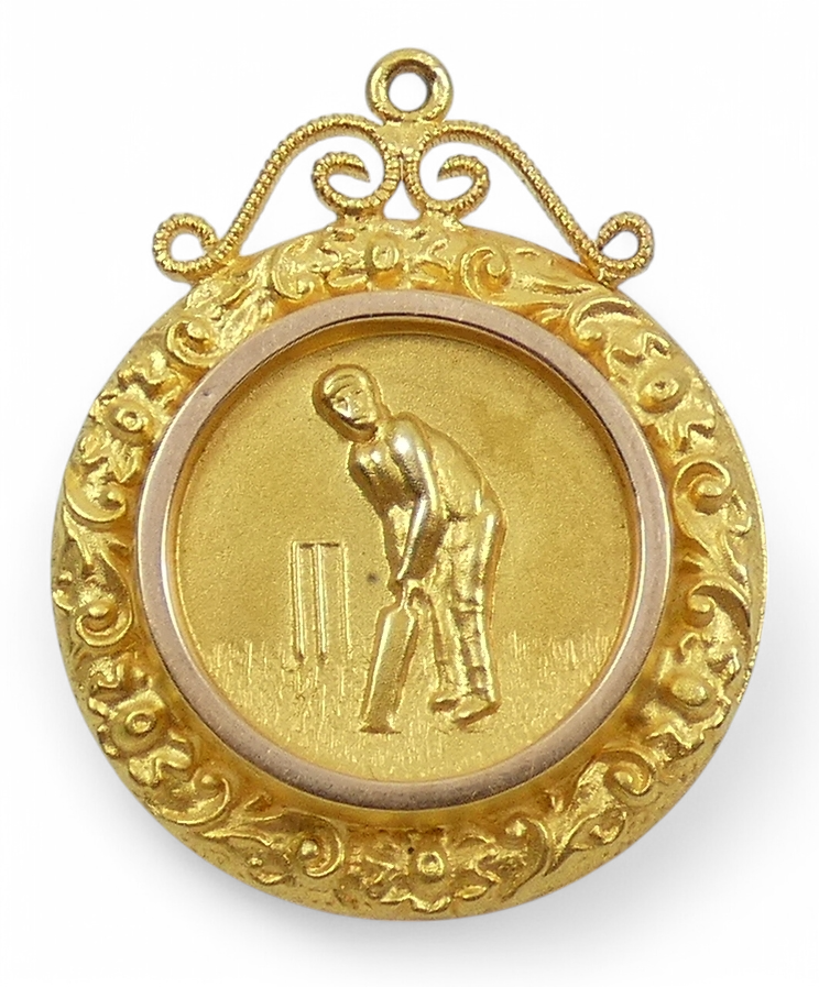Antique 1929 Solid 9ct Yellow Gold Cricket Sports Medal Fob Pendant Batting Avg