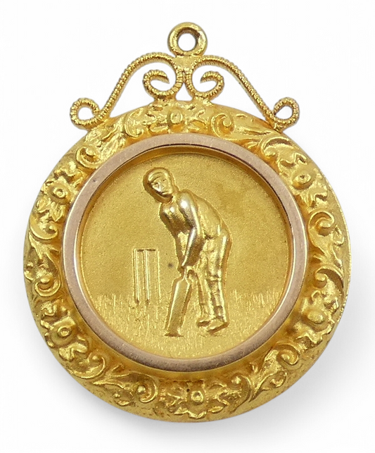 Antique 1929 Solid 9ct Yellow Gold Cricket Sports Medal Fob Pendant Batting Avg