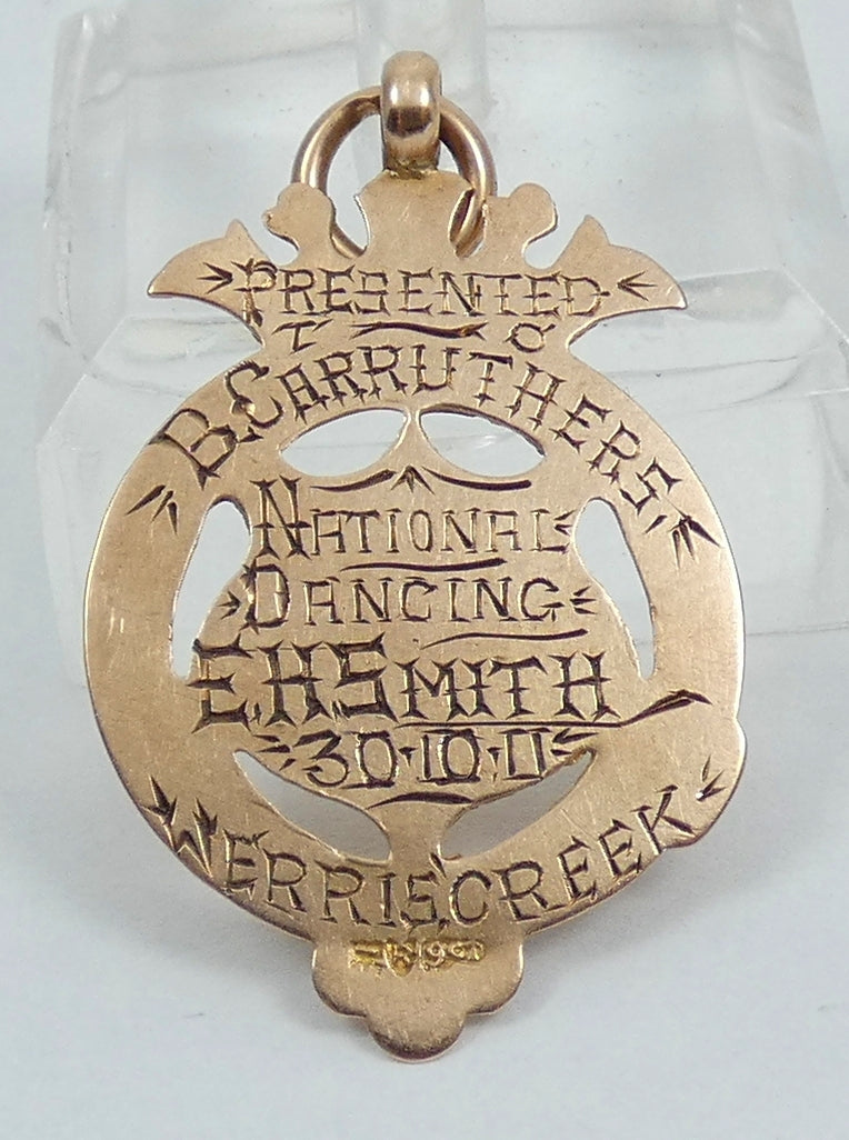 Antique 1911 Solid 9ct Yellow Gold National Dancing Medal Fob Pendant Werris Ck