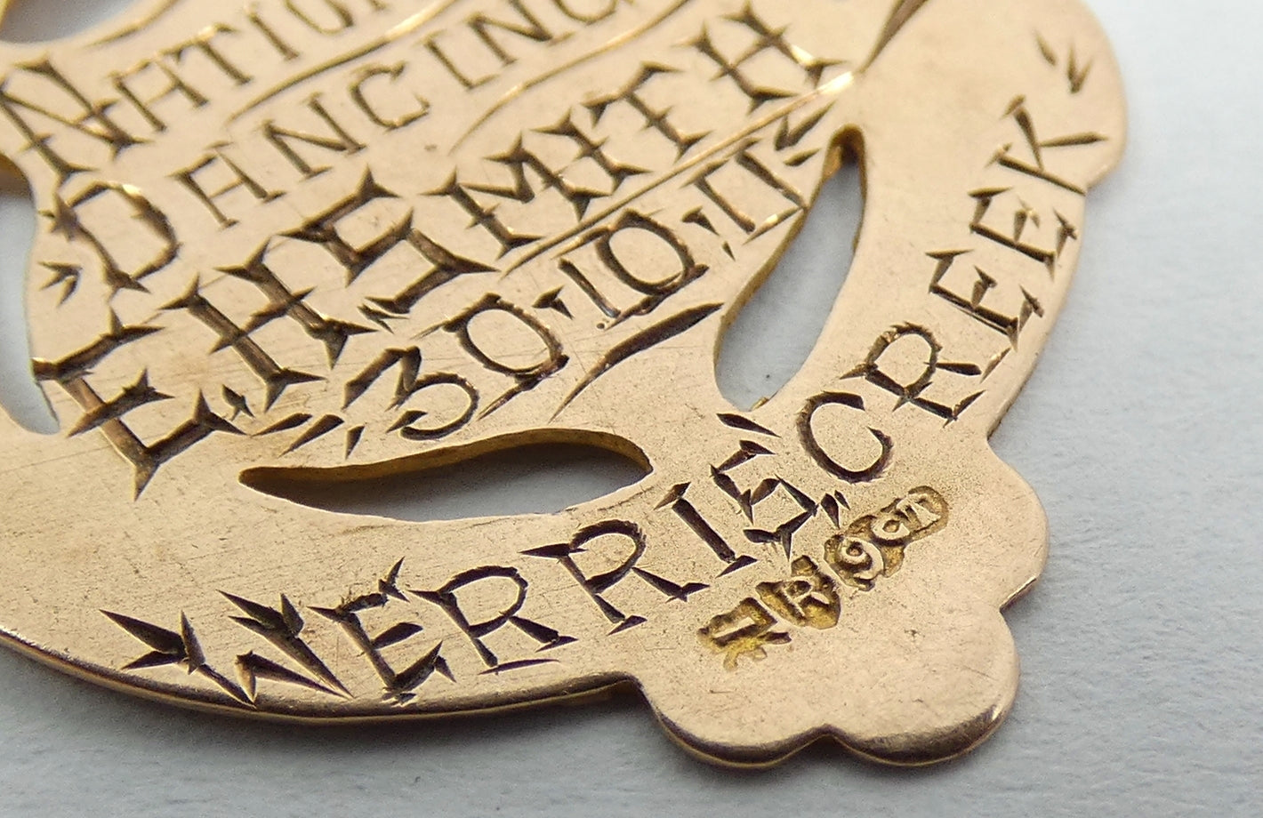 Antique 1911 Solid 9ct Yellow Gold National Dancing Medal Fob Pendant Werris Ck