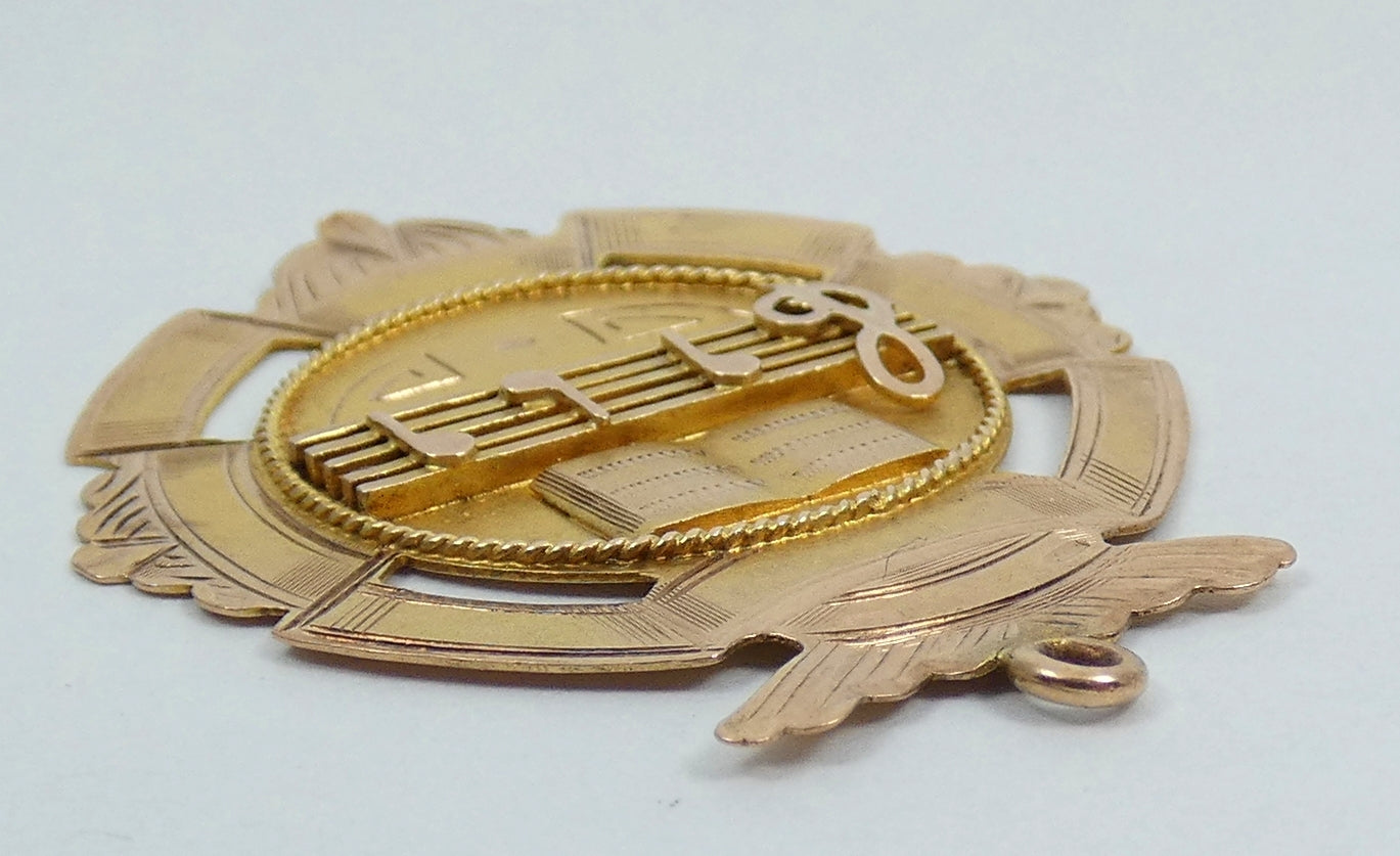 Antique 1929 Solid 9ct Gold Burndale School Orchestra Music Medal Fob Pendant
