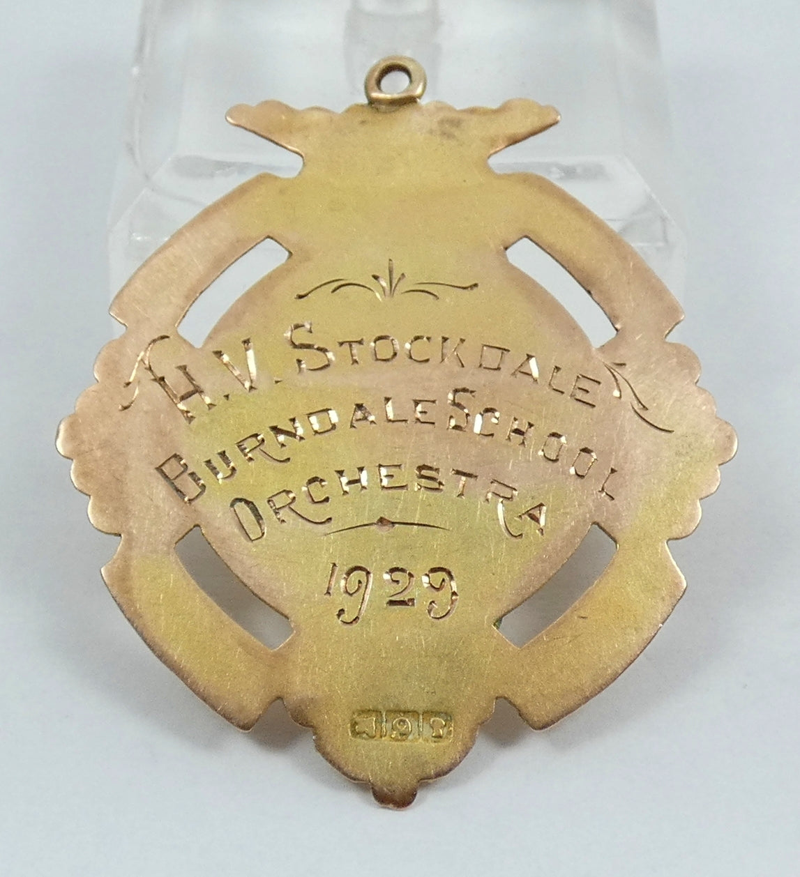 Antique 1929 Solid 9ct Gold Burndale School Orchestra Music Medal Fob Pendant