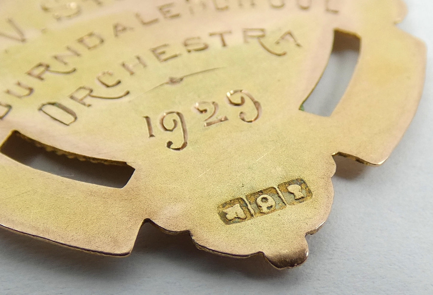 Antique 1929 Solid 9ct Gold Burndale School Orchestra Music Medal Fob Pendant
