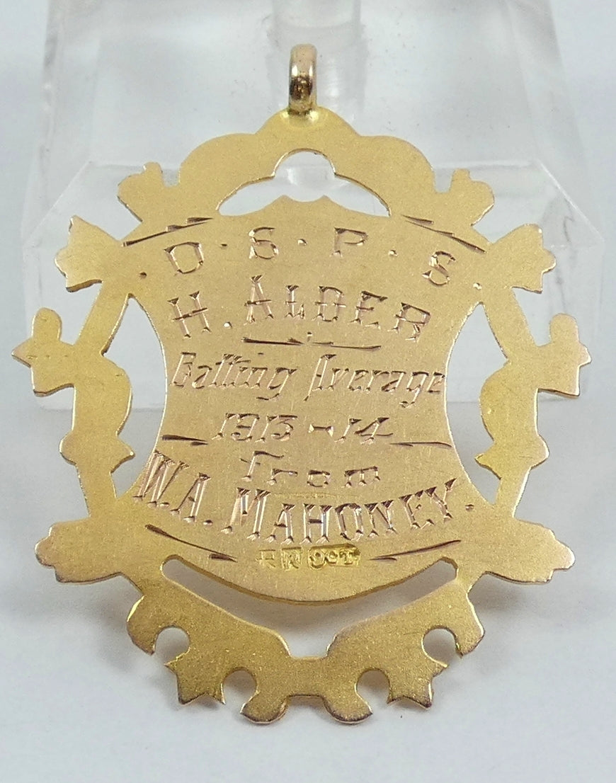 Antique 1914 Solid 9ct Yellow Gold Cricket Sports Medal Fob Pendant DSPS Batting