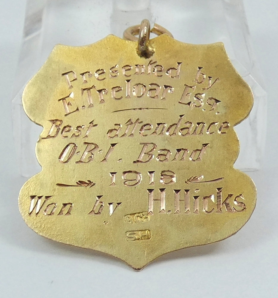 Antique 1918 Solid 9ct Yellow Gold Music Best Band Attendance Medal Fob Pendant