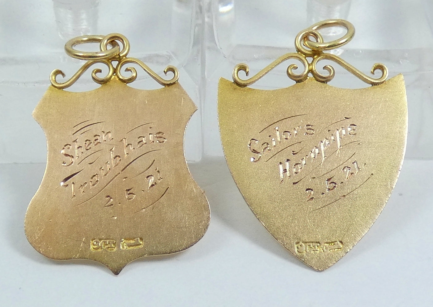 Antique 1921 Pair Solid 9ct Yellow Sailor's Hornpipe Dancing Medals Fob Pendant