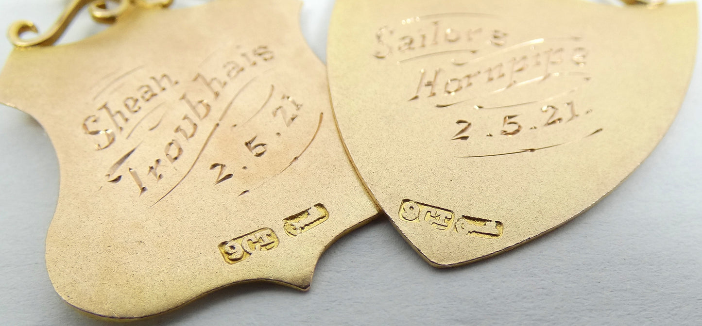 Antique 1921 Pair Solid 9ct Yellow Sailor's Hornpipe Dancing Medals Fob Pendant