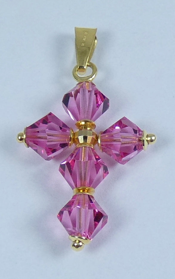 Italian Solid 18ct Yellow Gold Pink Crystal Bead Cross Crucifix Necklace Pendant