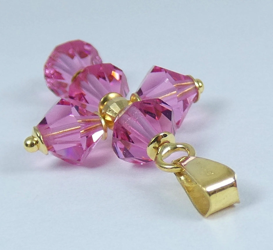 Italian Solid 18ct Yellow Gold Pink Crystal Bead Cross Crucifix Necklace Pendant