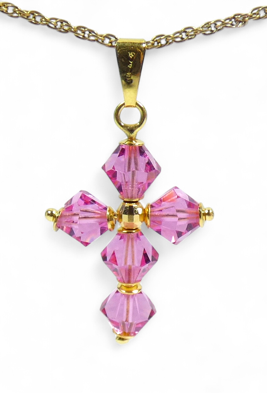 Italian Solid 18ct Yellow Gold Pink Crystal Bead Cross Crucifix Necklace Pendant