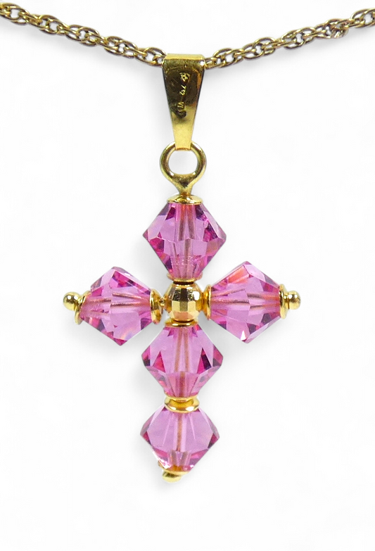 Italian Solid 18ct Yellow Gold Pink Crystal Bead Cross Crucifix Necklace Pendant
