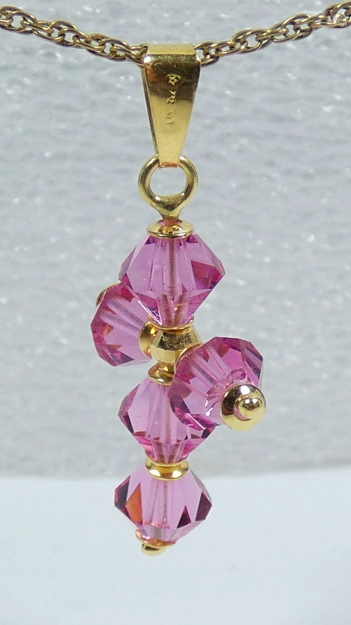 Italian Solid 18ct Yellow Gold Pink Crystal Bead Cross Crucifix Necklace Pendant