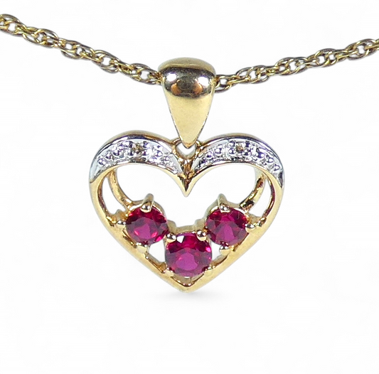 Solid 9ct Yellow Gold Ruby & Diamond Love Heart Necklace Pendant Bracelet Charm