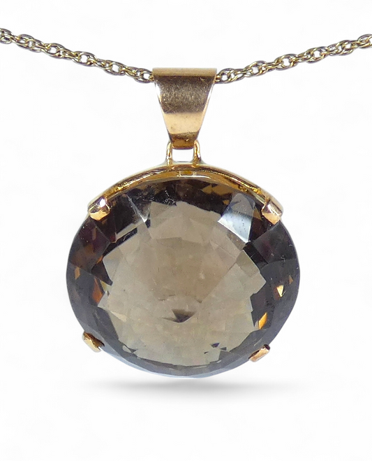 Large Solid 14ct Yellow Gold 40ct Rose Cut Smoky Quartz Necklace Pendant 12gm
