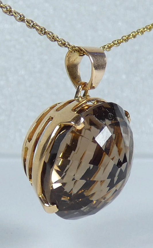 Large Solid 14ct Yellow Gold 40ct Rose Cut Smoky Quartz Necklace Pendant 12gm