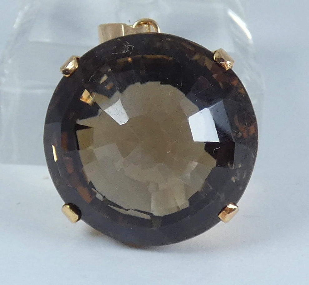 Large Solid 14ct Yellow Gold 40ct Rose Cut Smoky Quartz Necklace Pendant 12gm