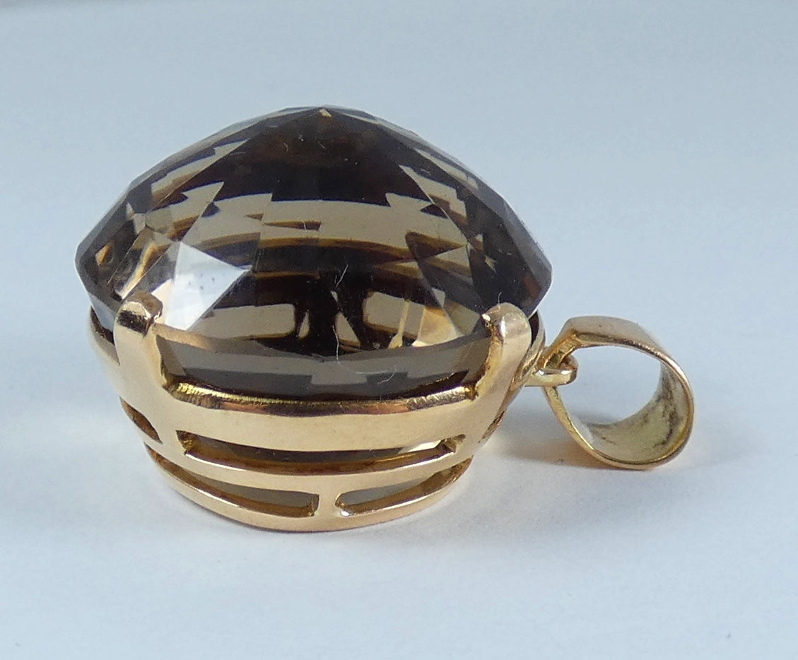Large Solid 14ct Yellow Gold 40ct Rose Cut Smoky Quartz Necklace Pendant 12gm