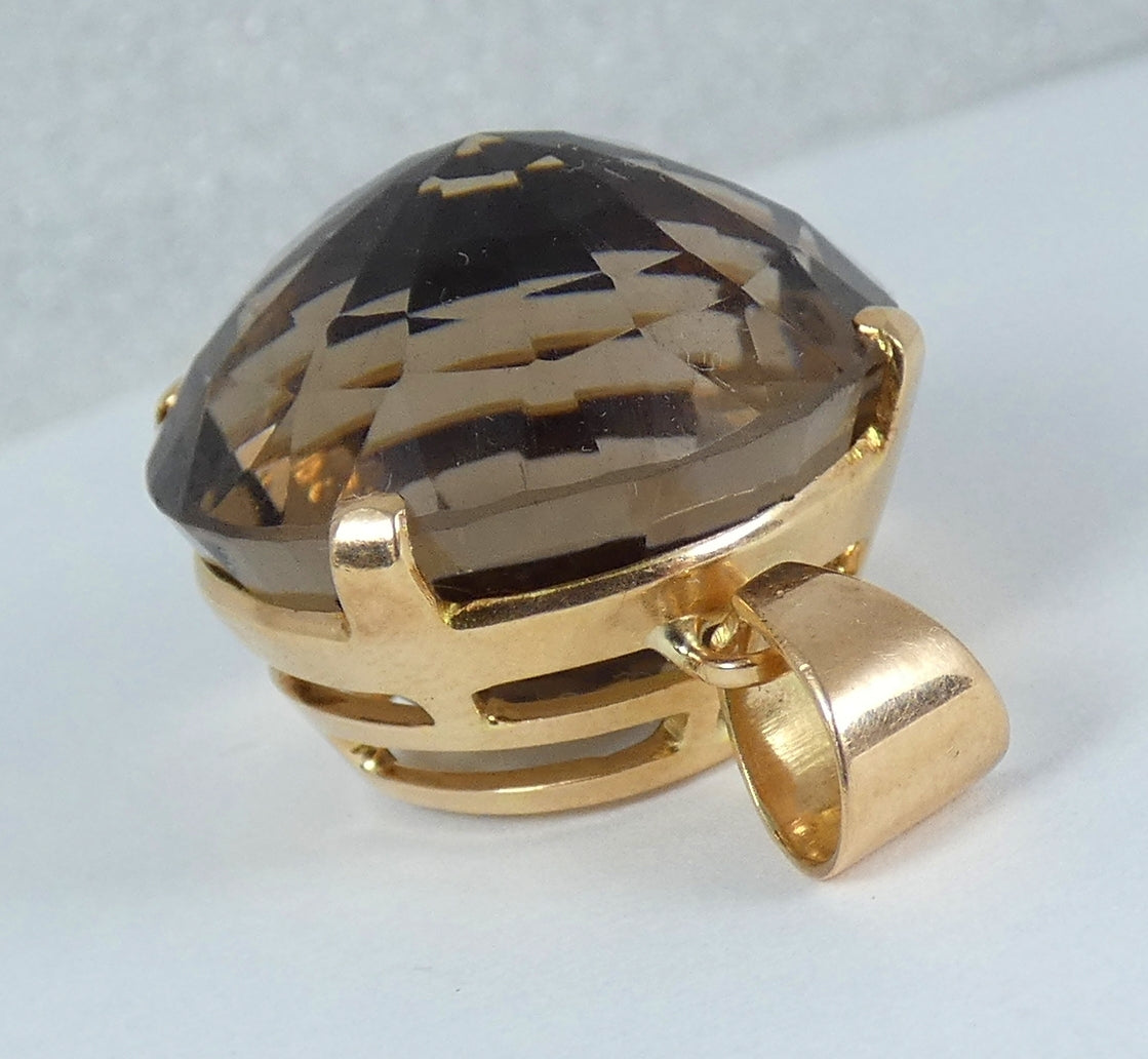 Large Solid 14ct Yellow Gold 40ct Rose Cut Smoky Quartz Necklace Pendant 12gm