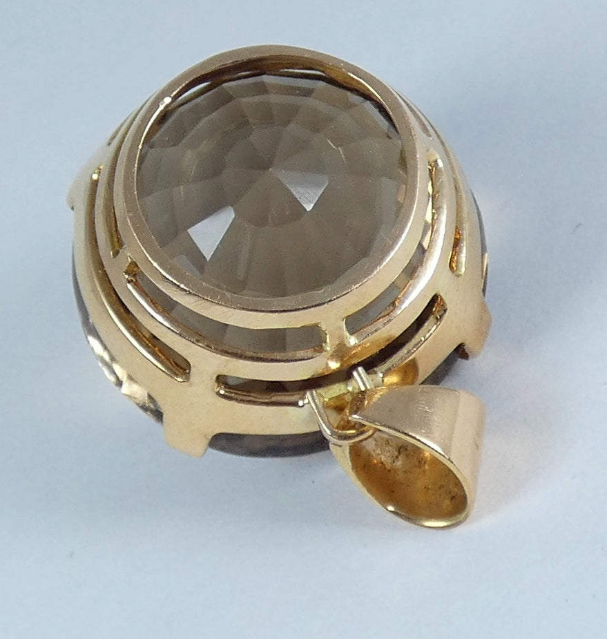 Large Solid 14ct Yellow Gold 40ct Rose Cut Smoky Quartz Necklace Pendant 12gm