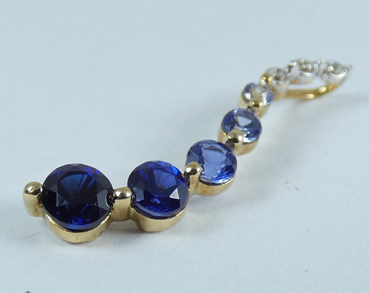 Solid 9ct Yellow Gold Graduating Sapphire Diamond Journey Swirl Necklace Pendant