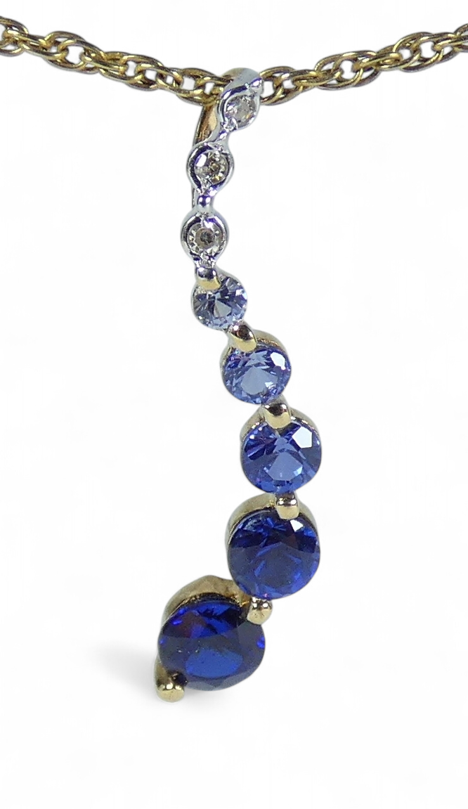 Solid 9ct Yellow Gold Graduating Sapphire Diamond Journey Swirl Necklace Pendant