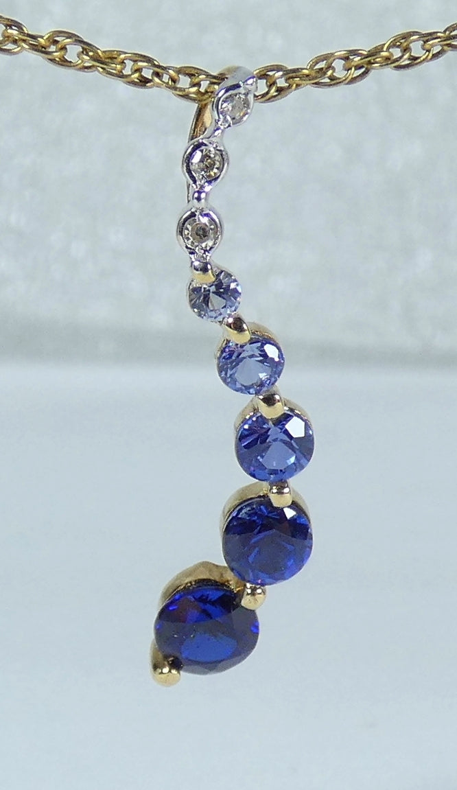 Solid 9ct Yellow Gold Graduating Sapphire Diamond Journey Swirl Necklace Pendant